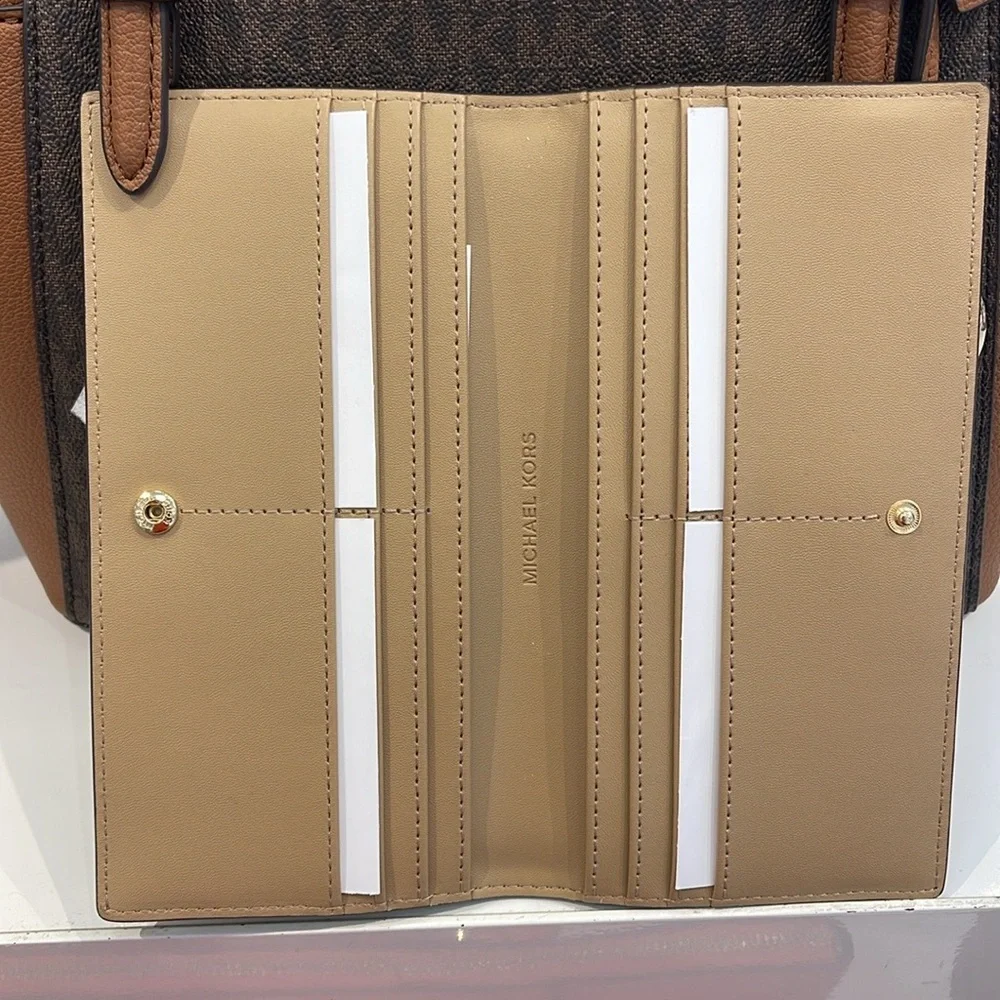 Michael Kors Reed Large Bifold Pebbled Leather Snap Wallet Card Case Camel NWT